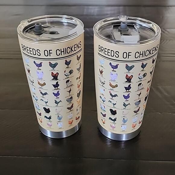 BREEDS OF CHICKENS Tumblers With Lid Travel Cup Hot or Cold 20 oz Set of 2 - Picture 1 of 6